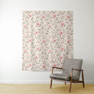 Soft Pink Cherry Blossom Floral Seamless Pattern Tapestry