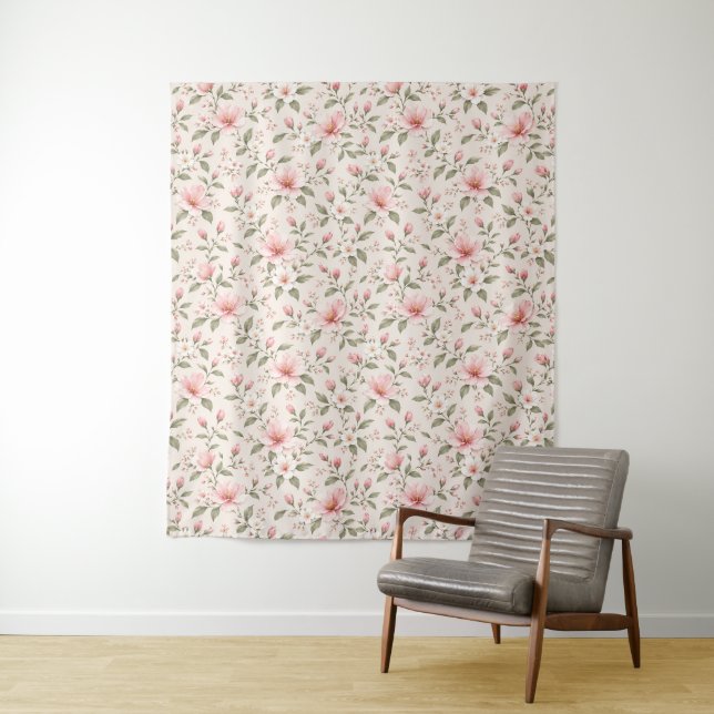 Soft Pink Cherry Blossom Floral Seamless Pattern Tapestry (In Situ)