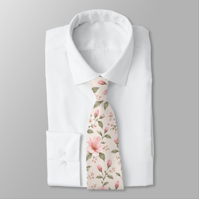 Soft Pink Cherry Blossom Floral Seamless Pattern Tie (Tied)