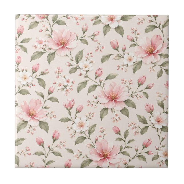 Soft Pink Cherry Blossom Floral Seamless Pattern Tile (Front)