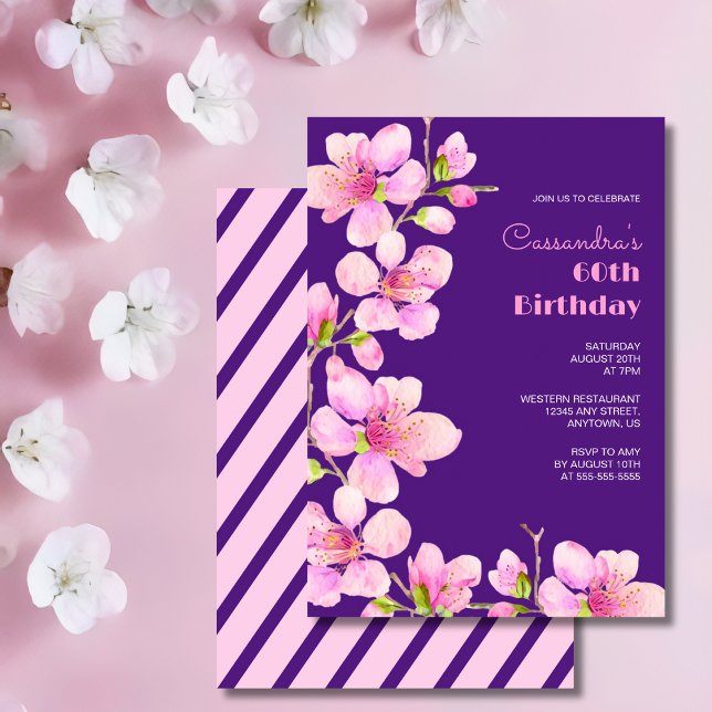 Soft Pink Cherry Blossom Sakura Purple Birthday Invitation (Creator Uploaded)