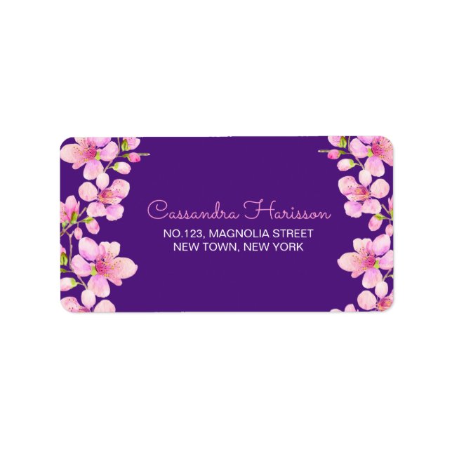 Soft Pink Cherry Blossom Sakura Purple Birthday Label (Front)