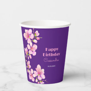 Soft Pink Cherry Blossom Sakura Purple Birthday Paper Cups