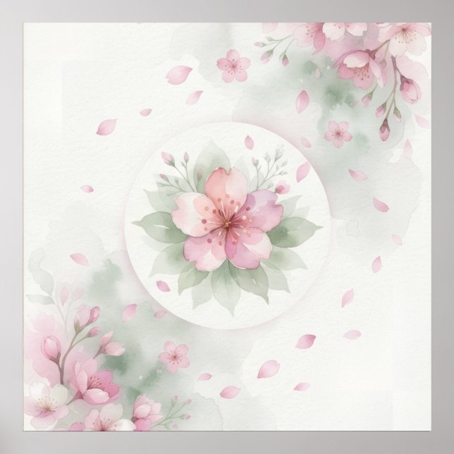 Soft Pink Cherry Blossom Watercolor Floral Poster (Front)