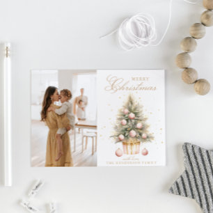 Soft Pink Christmas Tree Watercolor Custom Photo Holiday Card