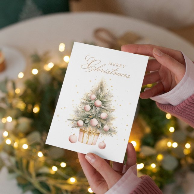 Soft Pink Christmas Tree Watercolor Custom Photo Holiday Card (Creator Uploaded)