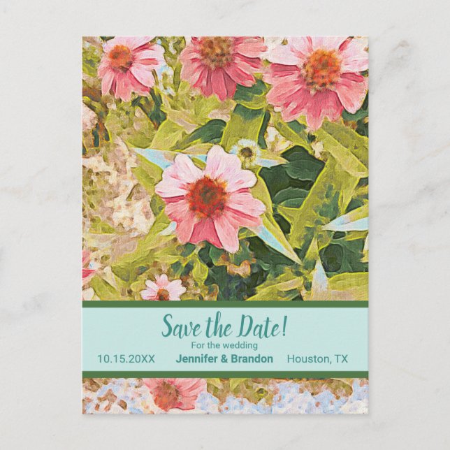 Soft Pink Coneflowers Green Floral Save the Date Announcement Postcard (Front)