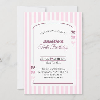 Soft Pink Coquette Bow Girl 10th Birthday Party Invitation