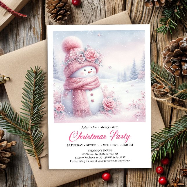 Soft Pink Coquette Snowman Editable Christmas Kids Invitation (Soft Pink Coquette Snowman Editable Christmas Kids Invite)