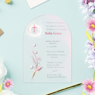 Soft Pink Cross & Floral  Girl Baptism Invitat Inv Acrylic Invitations