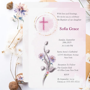 Soft Pink Cross & Floral Girl Baptism Invitat Invitation