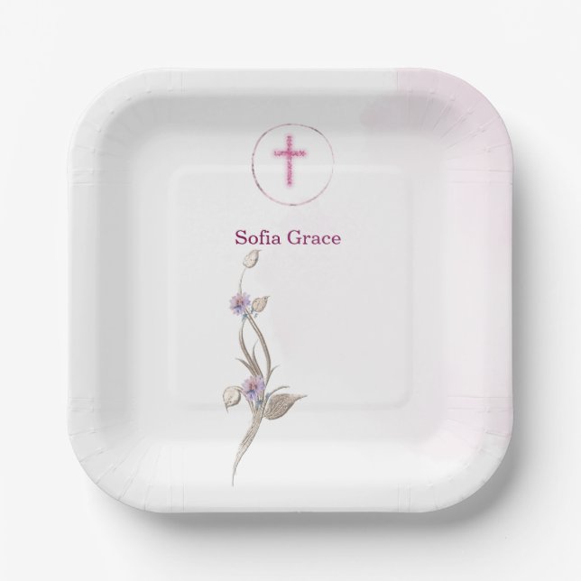 Soft Pink Cross & Floral  Girl Baptism  paper plat Paper Plate (Front)