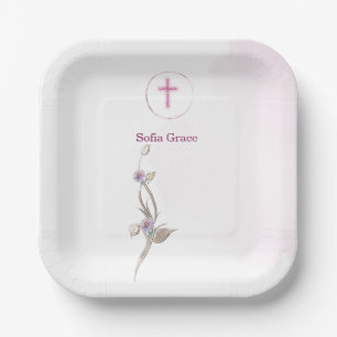 Soft Pink Cross & Floral  Girl Baptism  paper plat Plate