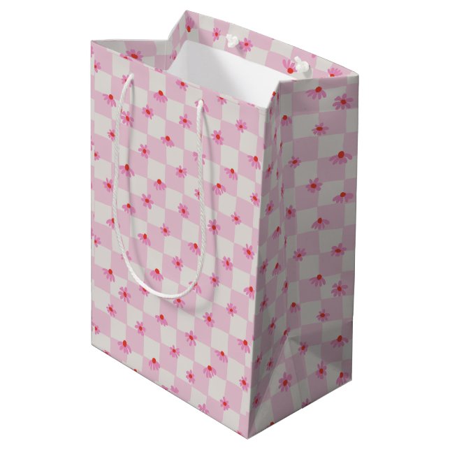 Soft Pink Daisy Chequerboard Floral Pattern Medium Gift Bag (Back Angled)