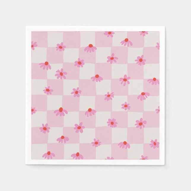 Soft Pink Daisy Chequerboard Floral Pattern Napkin (Front)