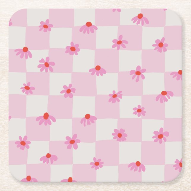 Soft Pink Daisy Chequerboard Floral Pattern Square Paper Coaster (Front)