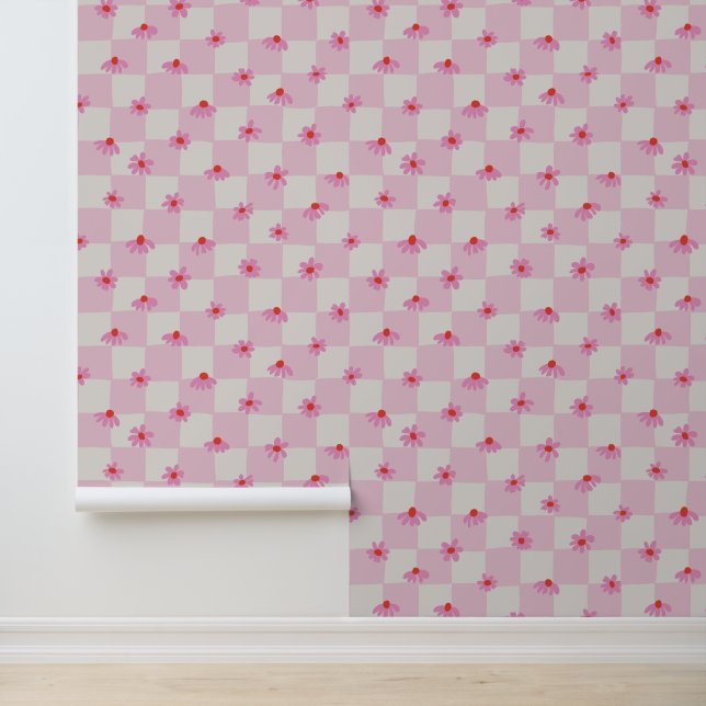 Soft Pink Daisy Chequerboard Floral Pattern Wallpaper (Application)