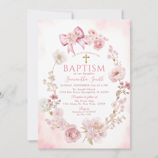 Soft Pink Dusty Rose Floral Cross Girl Baptism Invitation (Front)