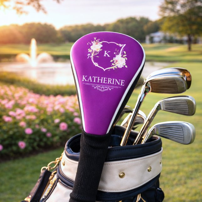 Soft Pink Feminine Botanical Crest Purple Monogram Golf Head Cover (purple pink crest monogram head cover)