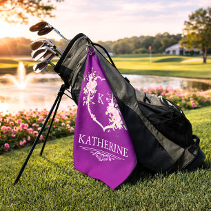 Soft Pink Feminine Botanical Crest Purple Monogram Golf Towel