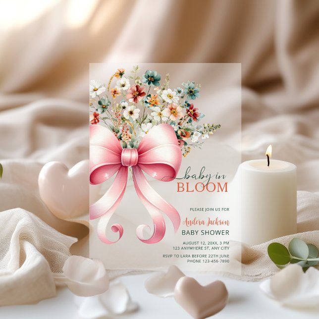 Soft Pink Floral Bow Baby in Bloom Girl Shower Acrylic Invitations (Creator Uploaded)