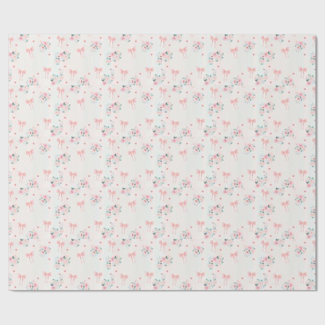 Soft Pink Floral & Bow Pattern – Cute Romantic  Wrapping Paper (Flat)