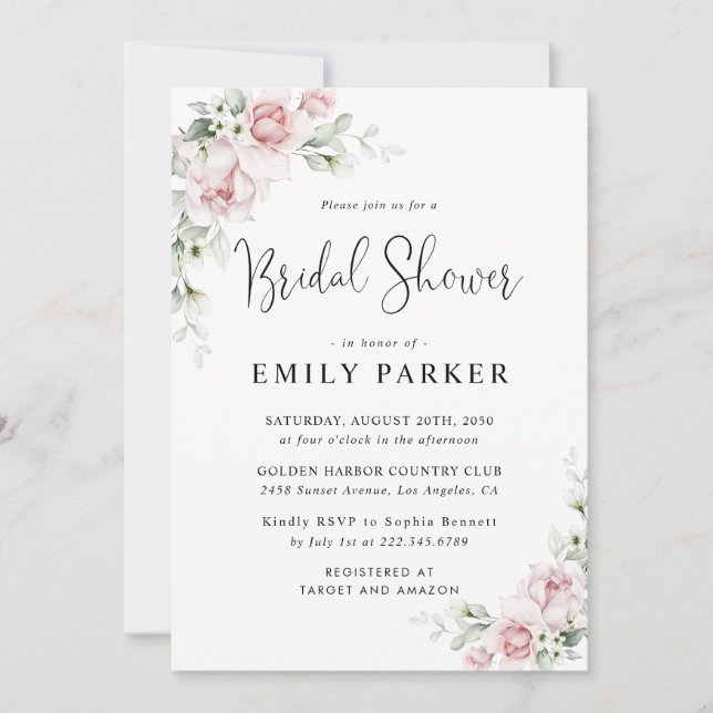 Soft Pink Floral Bridal Shower Invitation (Front)