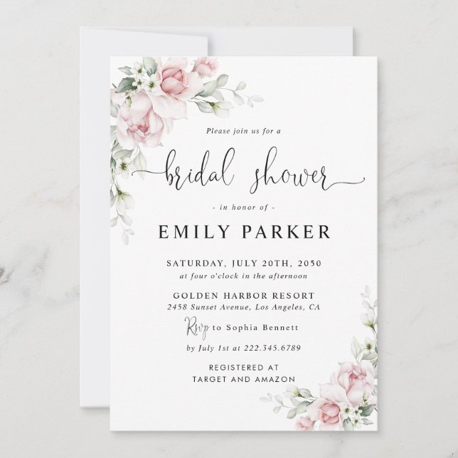 Soft Pink Floral Bridal Shower Invitation (Front)
