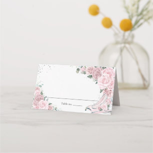 Soft Pink Floral Cinderella Glass Shoe Folded Tent Place Card