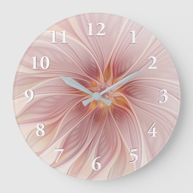 Soft Pink Floral Dream Abstract Fractal Art Flower Large Clock (Front)
