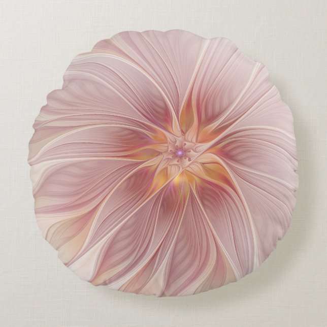 Soft Pink Floral Dream Abstract Fractal Art Flower Round Cushion (Front)