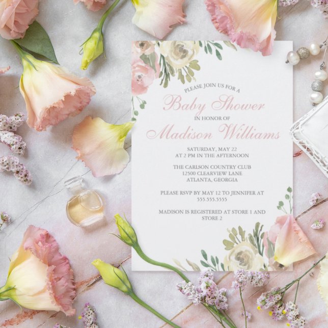 Soft Pink Floral Elegant Girl Spring Baby Shower Invitation (Creator Uploaded)