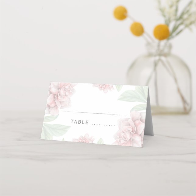 Soft Pink Floral Elegant White Garden Wedding Place Card (Front)