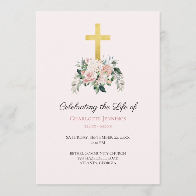 Soft Pink Floral Funeral Memorial Order of Service Programme (Front)