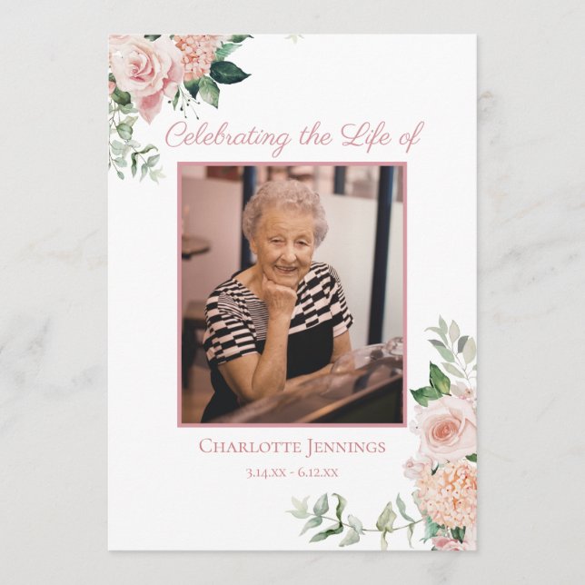 Soft Pink Floral Funeral Memorial Order of Service Programme (Front)