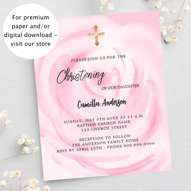 Soft pink floral girl budet Christening invitation (Creator Uploaded)