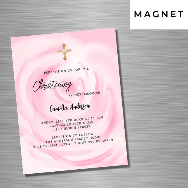 Soft pink floral girl luxury Christening Magnetic Invitation (Creator Uploaded)