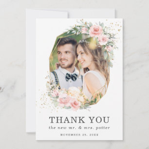Soft Pink Floral Greenery Geometric Photo Wedding  Thank You Card