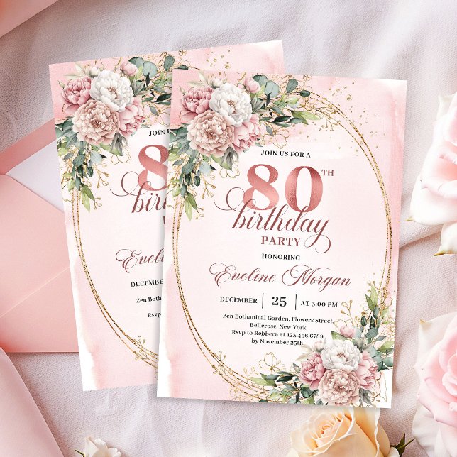 Soft Pink Floral Greenery Gold Glitter 80th Bday Invitation (Soft Pink Floral Greenery Gold Glitter 80th Invitation)