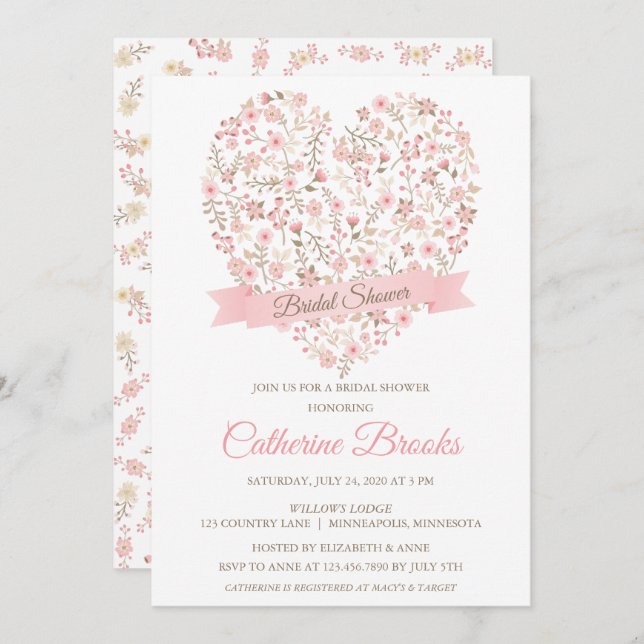 Soft Pink Floral Heart Bridal Shower Invitation (Front/Back)