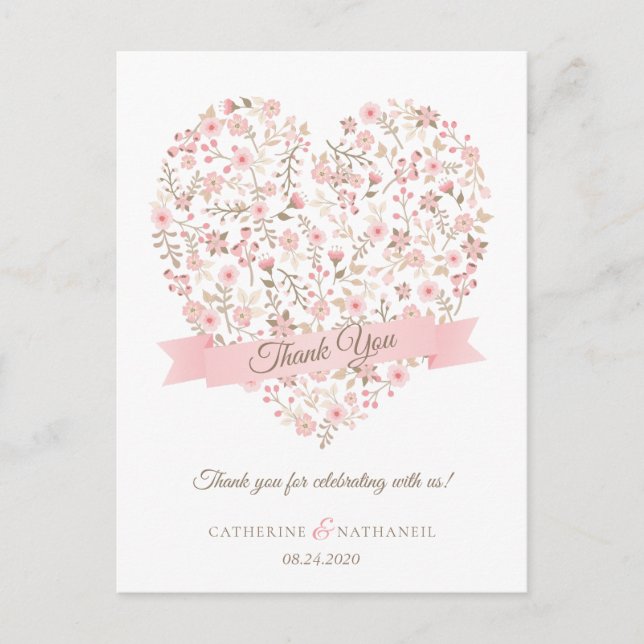 Soft Pink Floral Heart Wedding Thank You Postcard (Front)