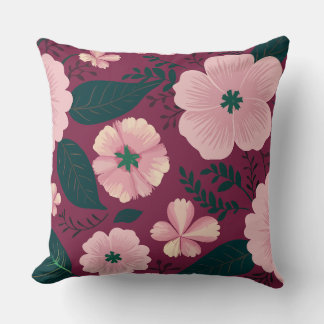 Soft Pink Floral on Deep Maroon Background Cushion