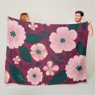 Soft Pink Floral on Deep Maroon Background Fleece Blanket