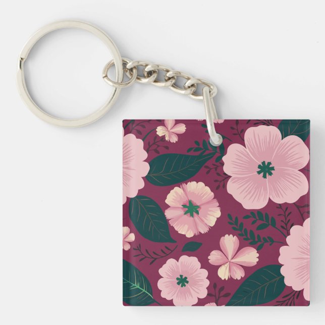Soft Pink Floral on Deep Maroon Background Key Ring (Front)
