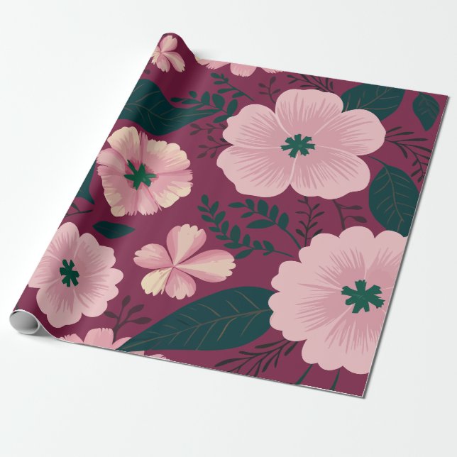 Soft Pink Floral on Deep Maroon Background Wrapping Paper (Unrolled)