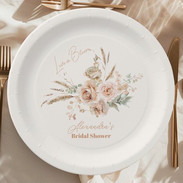 Soft Pink Floral Pampas Grass Bridal Shower  Paper Plate (Creator Uploaded)