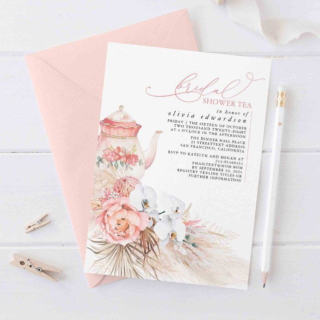 Soft Pink Floral Pampas Grass Bridal Shower Tea Invitation (Bridal Shower Tea Party Invitations Boho Florals and Teapot)