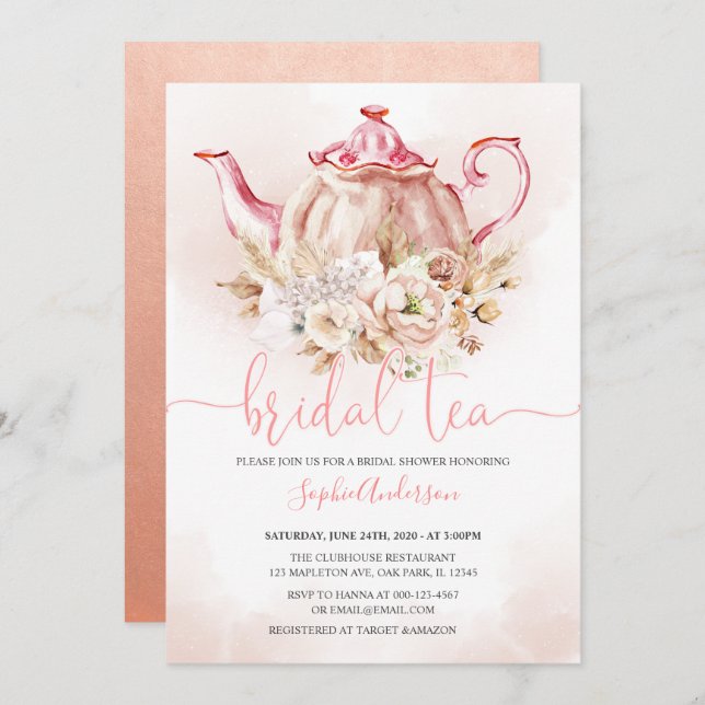 Soft Pink Floral Pampas Grass Tea Bridal Shower Invitation (Front/Back)