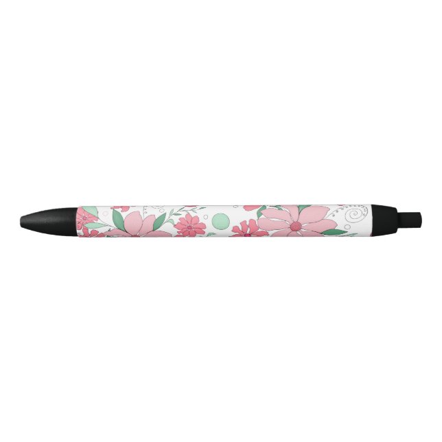 Soft Pink Floral Pattern with Mint Green Leaves Black Ink Pen (Front)