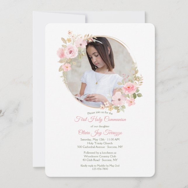 Soft Pink Floral Photo Communion Invitation (Front)